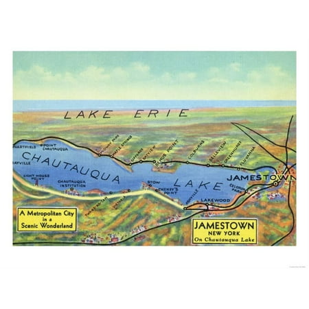Chautauqua Lake, New York - Aerial Map of Lake and Surrounding Towns Print Wall Art By Lantern