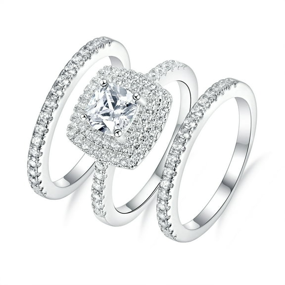 GEMSME 18K White Gold Plated Cubic Zirconia Three-in-One Halo Wedding Engagement Ring Set for Women 8