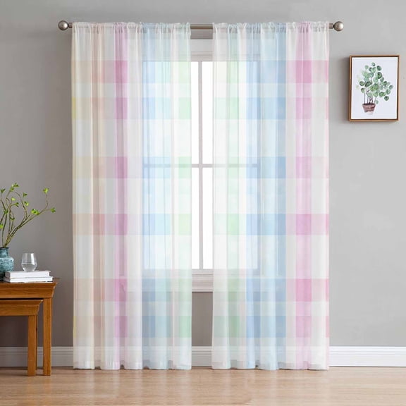 Blue Pink Plaid Sheer Curtains 96 Inches Long 2 Panels Set, Window Sheer Curtains for Living Room/Bedroom, Pastel Green White Buffalo Patchwork Light Filtering Rod Pocket Curtain 52'' x 96'' x 2