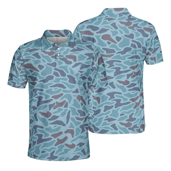 Blue Camouflage Polo Shirt for Men Short Sleeve Outdoors Fishing Hunting