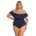 thumbnail image 3 of La Blanca Womens Island Goddess Off Shoulder Ruffle One Piece Swimsuit 10 Indigo, 3 of 4