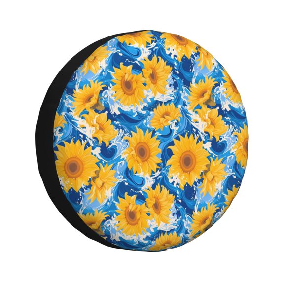 Honeii Blue Ocean Wave Sunflower Print Tire Covers, Waterproof Anti-UV Sun Snow Rain Tire Covers for Trailers, RV, Camper, SUV, Truck-17 inch