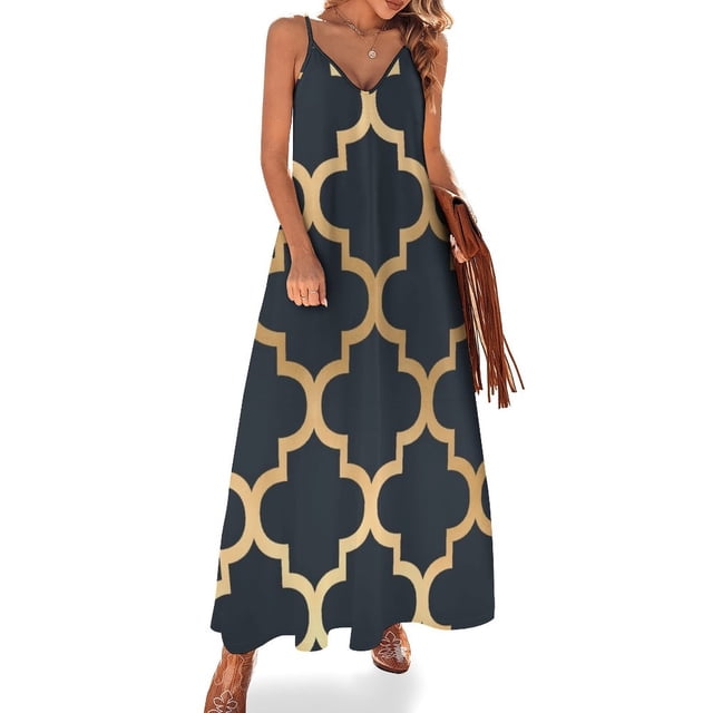 Nuevo vestido sin mangas marroquí azul marino y dorado vestidos africanos para mujer