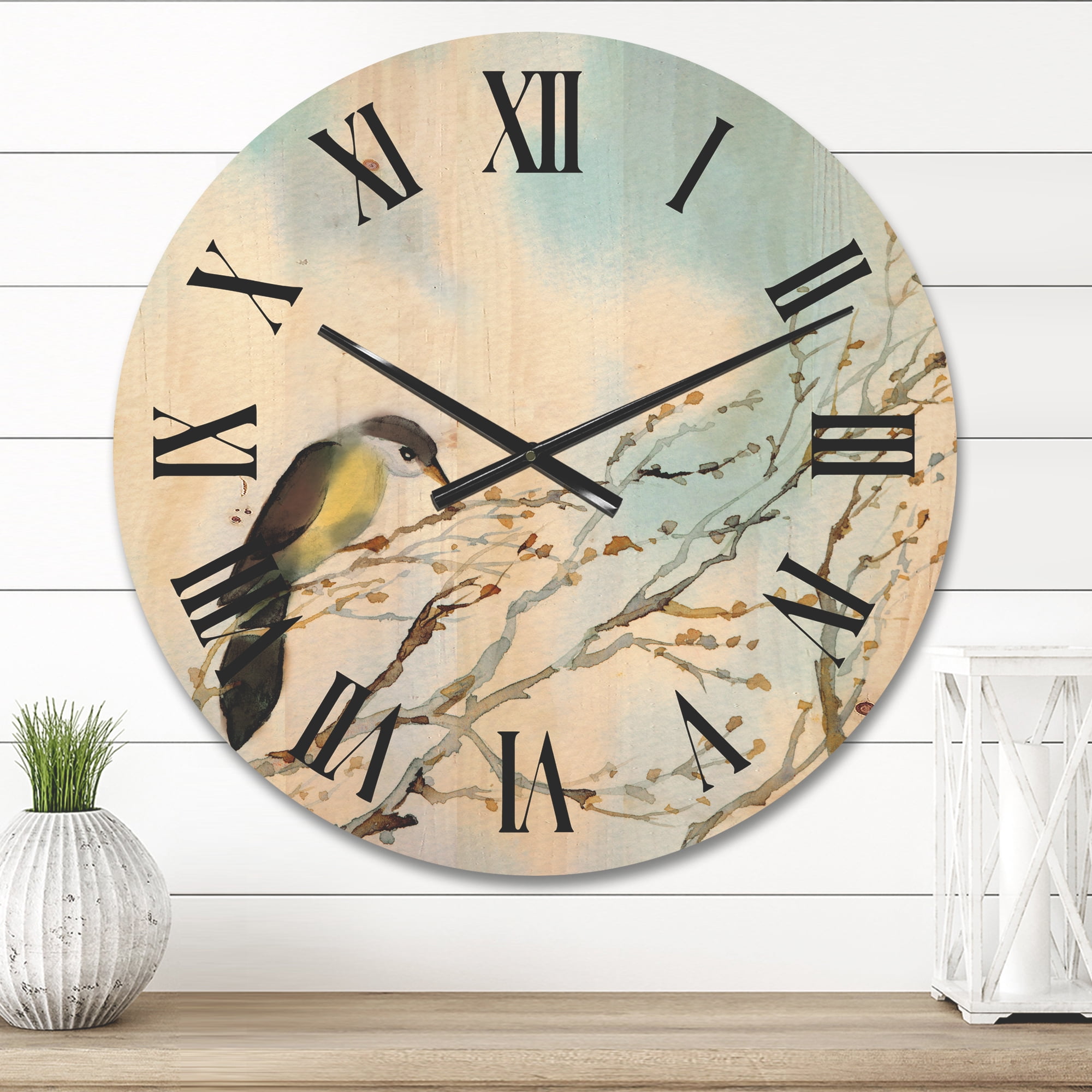 Designart 'Bird Sitting On Old Bare Tree With Blue Cloudy Sky' Traditional Wood Wall Clock