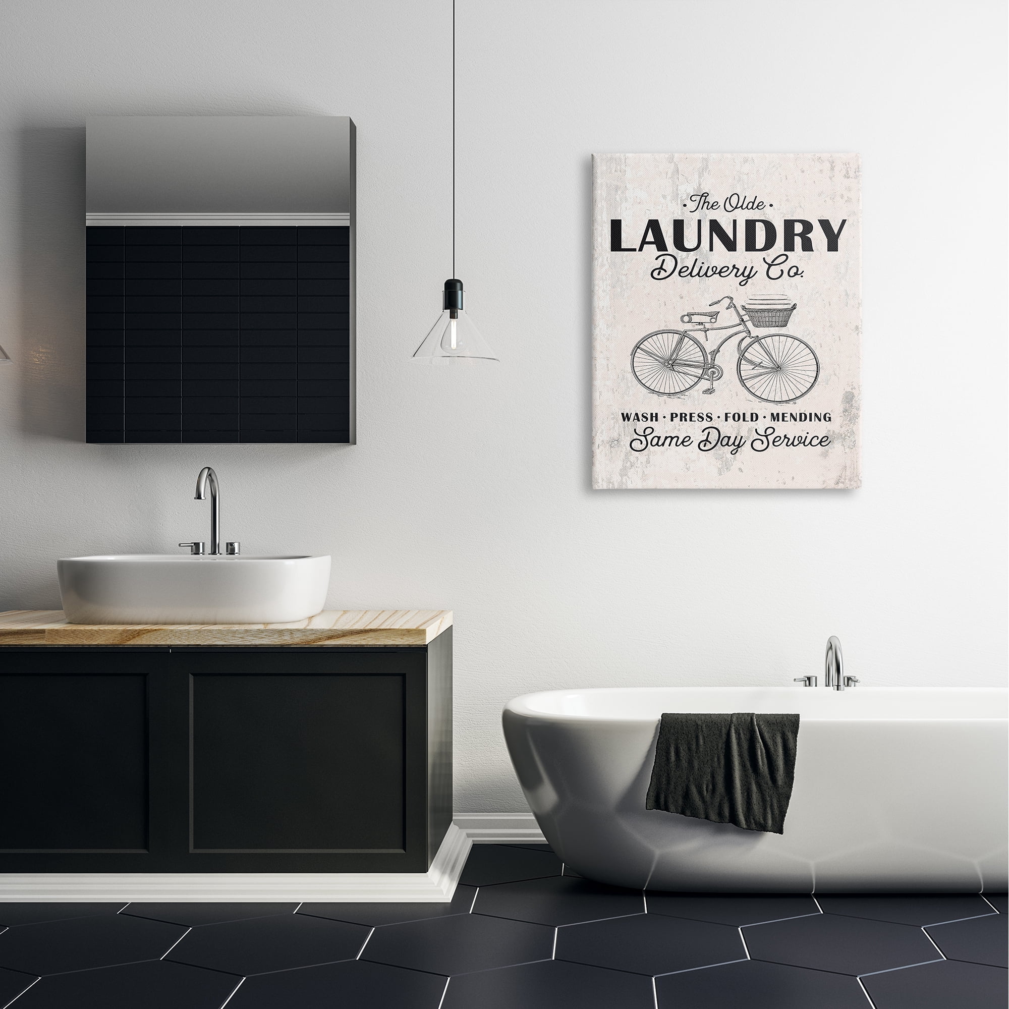 The Stupell Home Decor Collection Black on White Washed Texture Laundry Delivery Co Same Day Service Bike Illustration Stretched Canvas Wall Art, 30 x 40