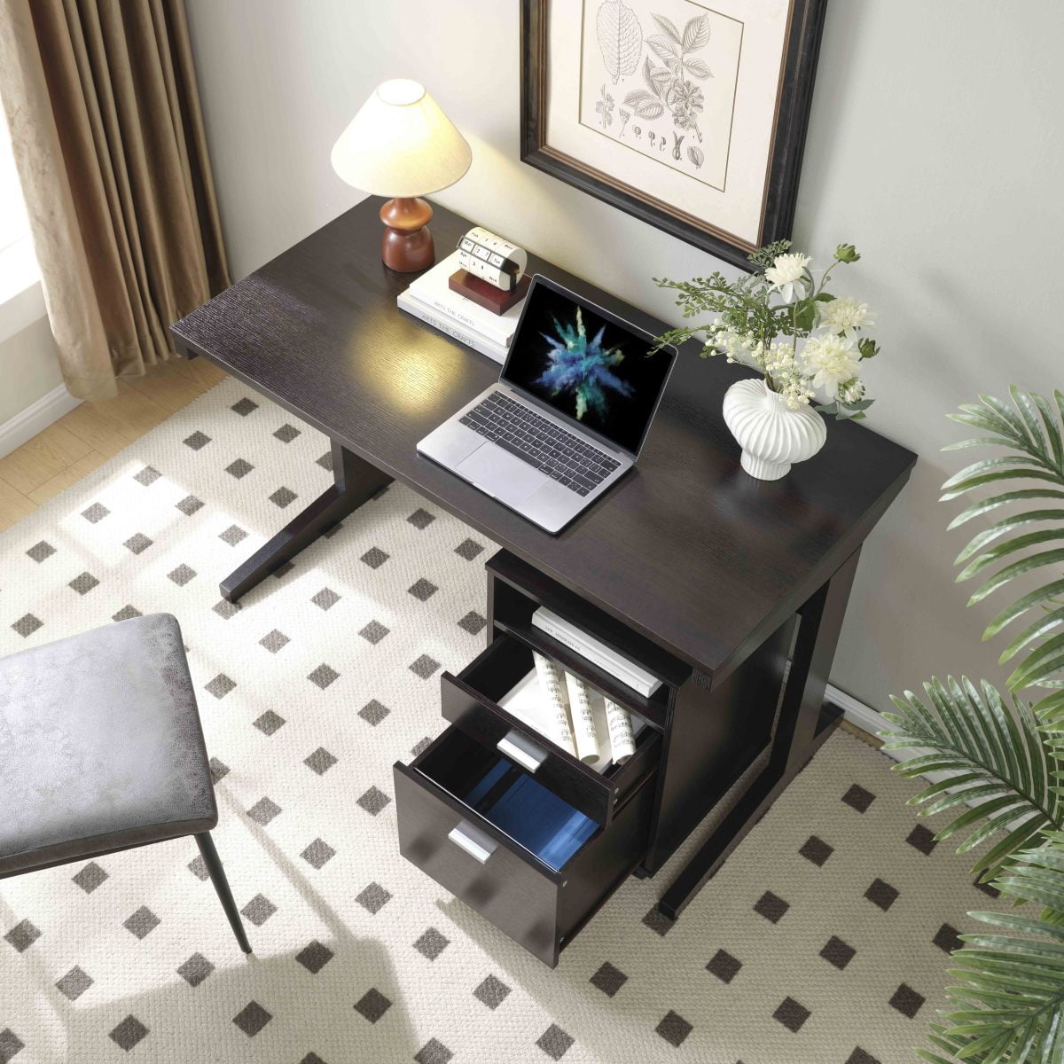 Red Cocoa Home Office Desk with Modesty Panel   Detached Locking File Cabinet  2 Drawers  Cubby Shelf  on Rolling Wheels