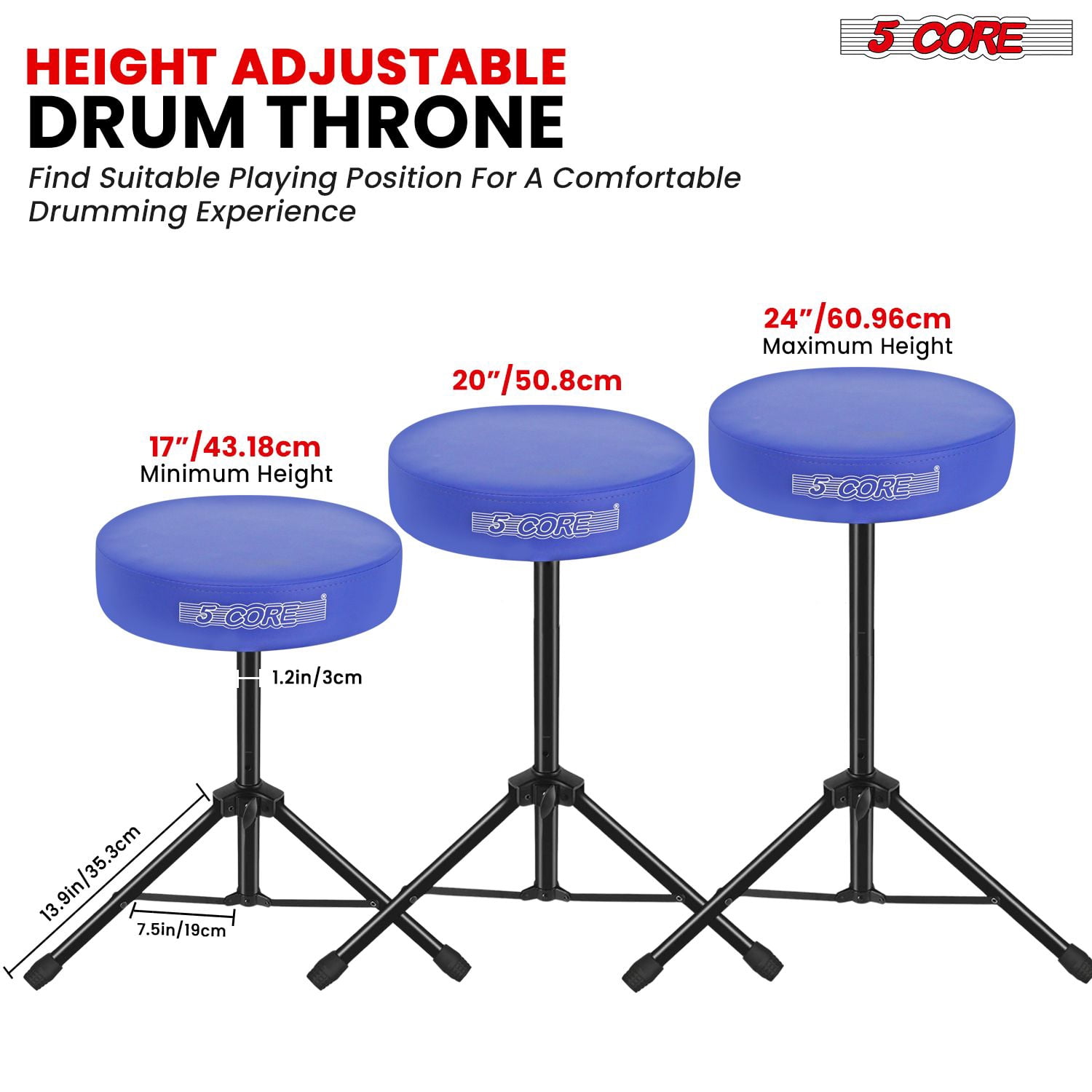 Adjustable Drum Throne Stool with 3" Thick Seat - 17" to 24" Height, 330 lbs Capacity, PU Leather & Iron Frame, Non-Slip Base for Drums/Guitar