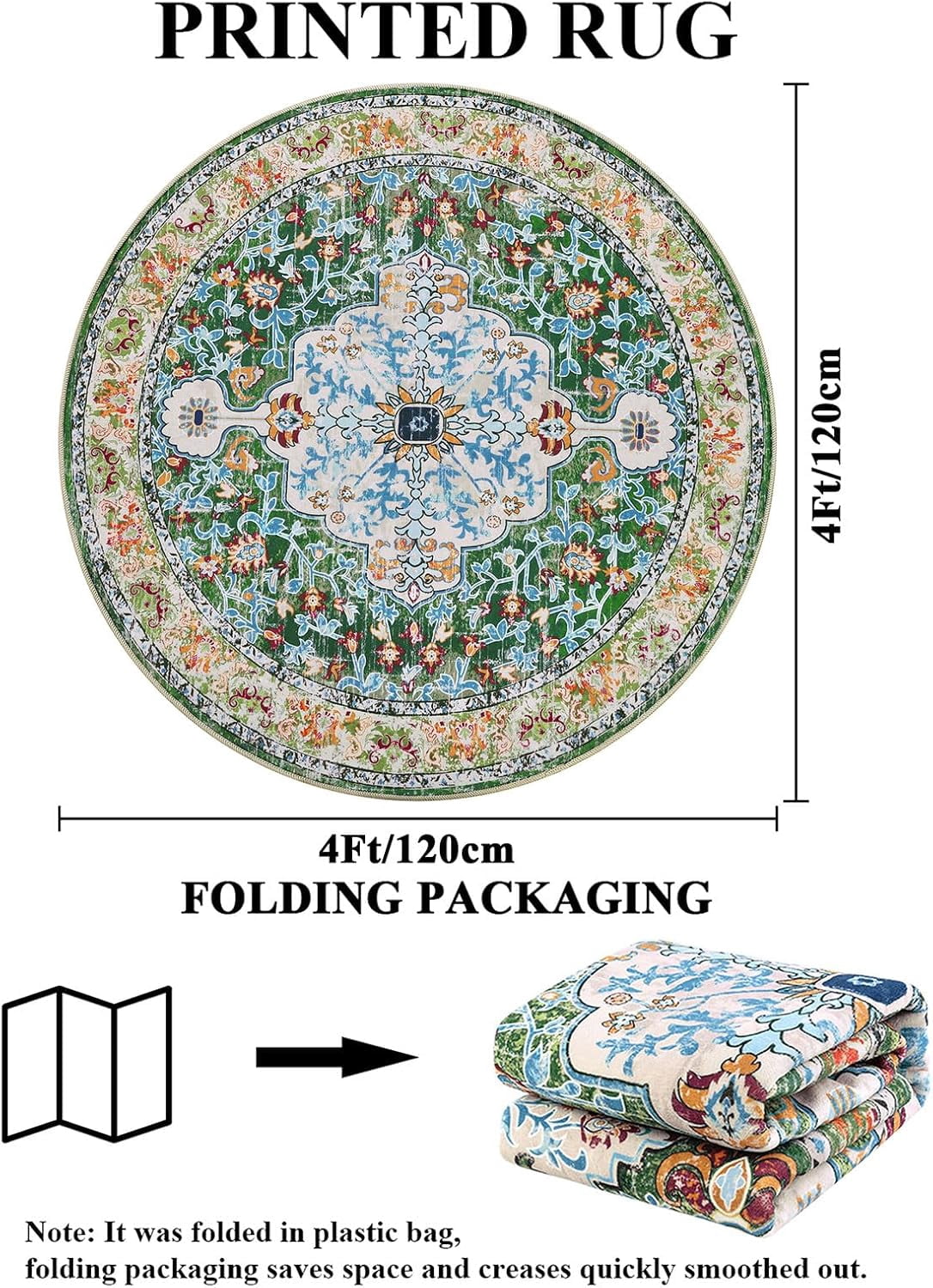 4 ft Round Area Rug, Yamaziot Boho Vintage Oriental Circle Carpet, Washable Non Slip Non Shedding Soft Faux Indoor Floor Mat Rug for Bedroom Living Room Sofa Office, Green