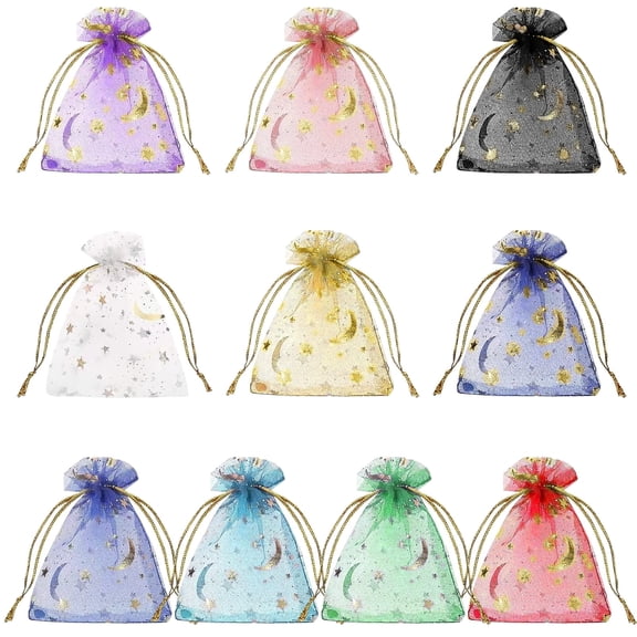 500 Pcs Moon Star Organza Drawstring Bags, 5.9x3.9 Sheer Jewelry Pouches, Multicolor Mesh Gift Bags for Wedding Party Favors