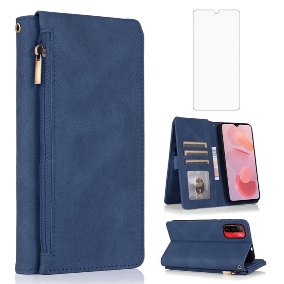 Asuwish Wallet Kickstand Hard Shell Cell Phone Case with Tempered Glass Screen Protector for Ulefone Note 12/ Note 12P, Blue