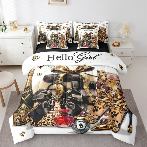 Homewish Leopard Print High Heel Twin Bedding Sets 7-Piece, Female Modern Fashion Bedding Comforter Set, Chic Bowknot Bag Reversible Sheet Sets, Breathable Home Decor