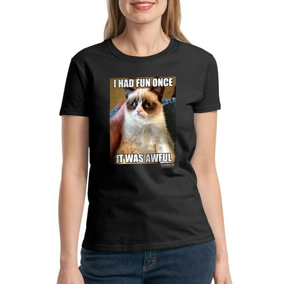 Grumpy Cat Fun Once Awful Women Black T-Shirt NEW Size L, Female Large