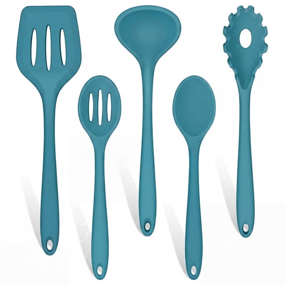 Walchoice Cooking Utensils Set, 5 PCS Kitchen Utensils Set for Cooking, Non-Stick & Heat Resistant Kitchen Tools Includes Soup Ladle, Slotted Spoon, Slotted Turner - Blue
