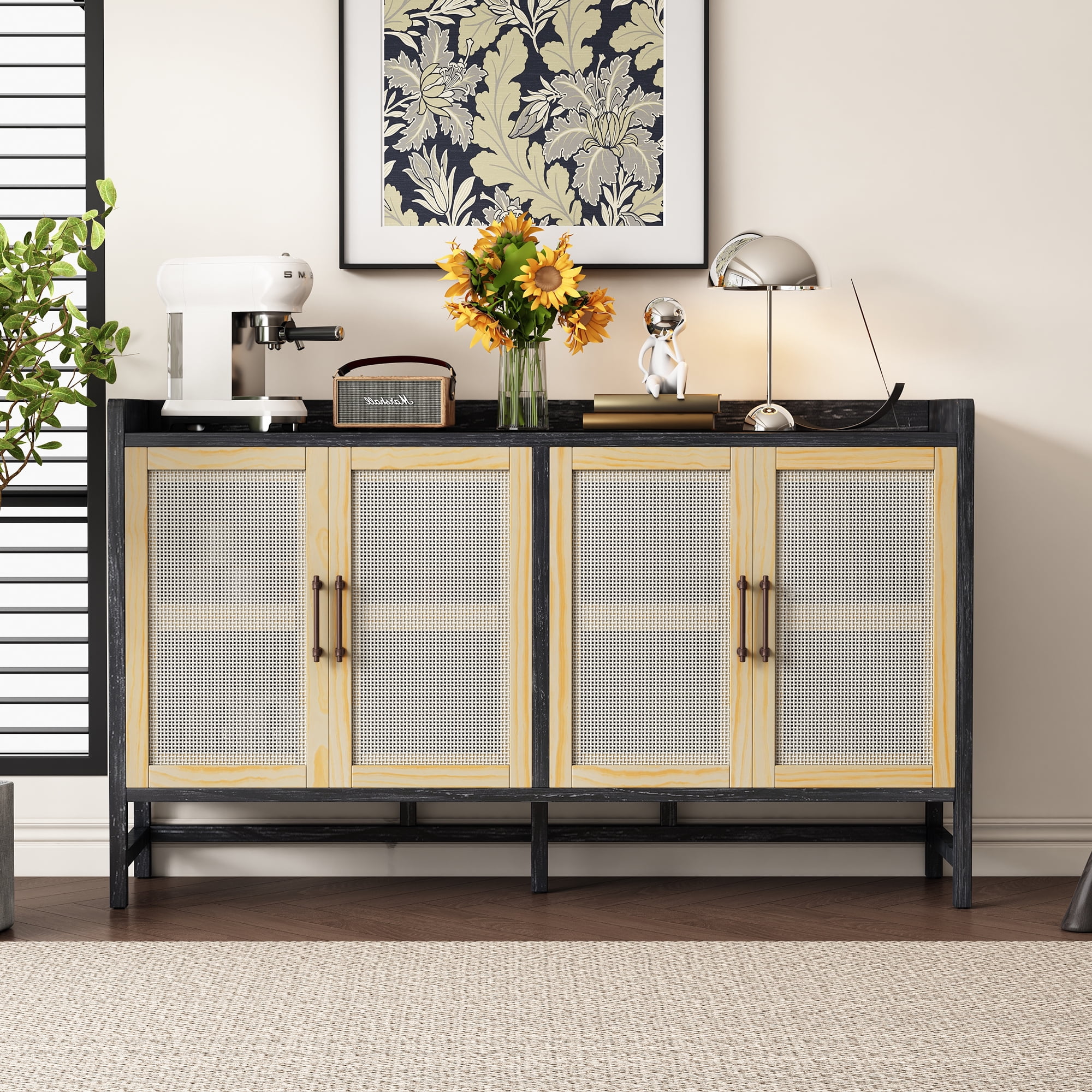 MAYEERTY Rustic Sideboard Cabinet with Rattan Doors, Buffet Cabinet with Storage for Dining Room & Living Room, Black+Natural