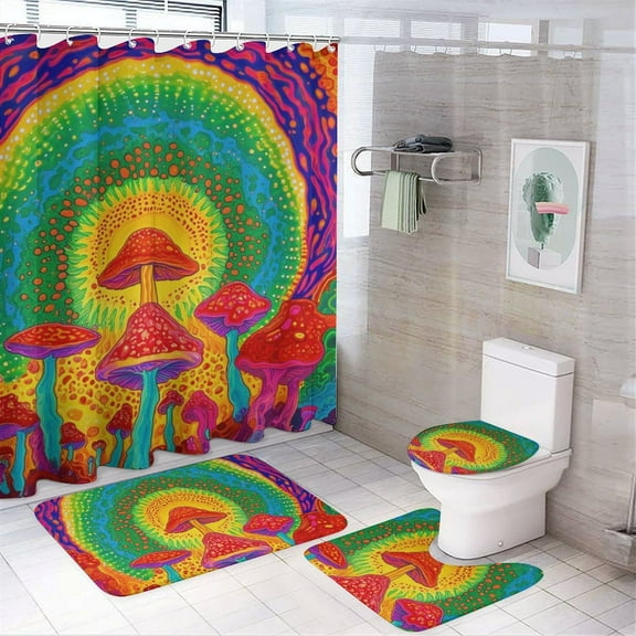 Colorful Mushroom 4 Pcs Bathroom Shower Curtain Set, Bathroom Sets with Rugs (Bath Mat, U Shape and Toilet Lid Cover Mat) and 12 Hooks,