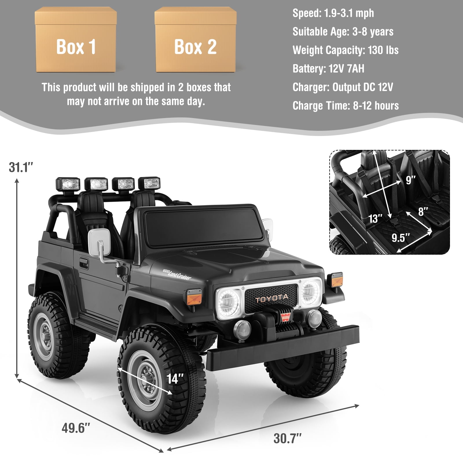 Infans 2 Seater Ride On Truck Car 12V Licensed Toyota FJ40 RC w/ Laser Light & Music