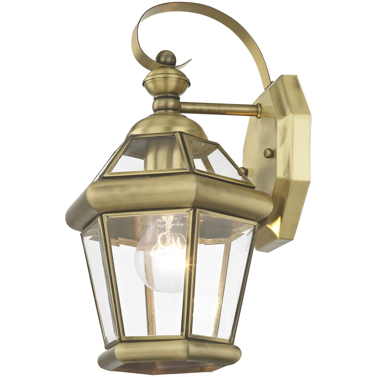 7 inch 1 Light Antique Brass Outdoor Wall Lantern Pendant Lighting Fixture with Clear Glass Panel Shade backed with Hand Crafted Solid Brass material for patio, front porch, entryway and more