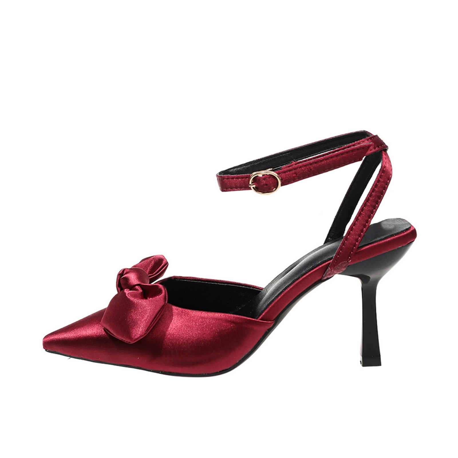 Purcolt Womens Satin Bow Sandals Elegant Trendy Closed Pointed Toe Slim Heel Pumps Comfort Slip On Backless Heels with Buckle Ankle Strap for Evening Party Wedding