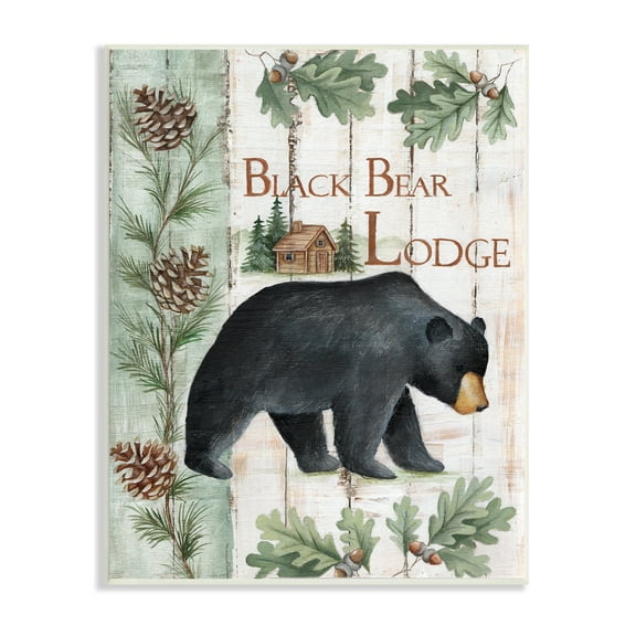 Stupell Industries Black Bear Lodge Rustic Cabin Botanicals Sign Graphic Art Unframed Art Print Wall Art, Design by Emma Leach