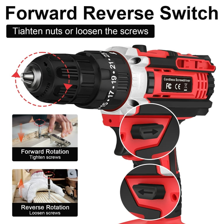 21V Cordless Combi Drill Set Electric Impact Driver Screwdriver 3.0 Ah Battery 3 8 Inch Keyless Chuck 25 1 Torque Setting 2 Speed 1500RPM LED Light Walmart