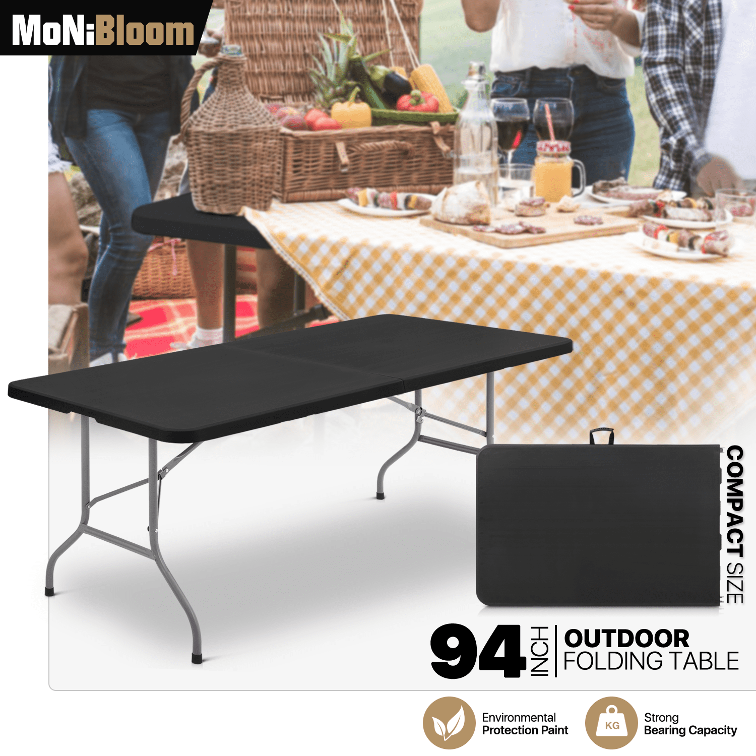 Camping 8FT Rectangle Handle, Carrying Folding Dining Outdoor for MoNiBloom Table Camping Desk Party Black Outdoor Table BBQ Plastic with