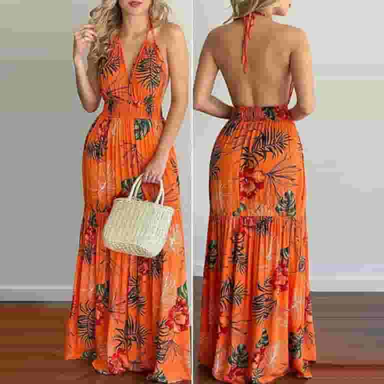 YODETEY Summer Dresses Women Tropical Print Halter Backless YODETEY Summer Dresses Women Tropical Print Halter Backless