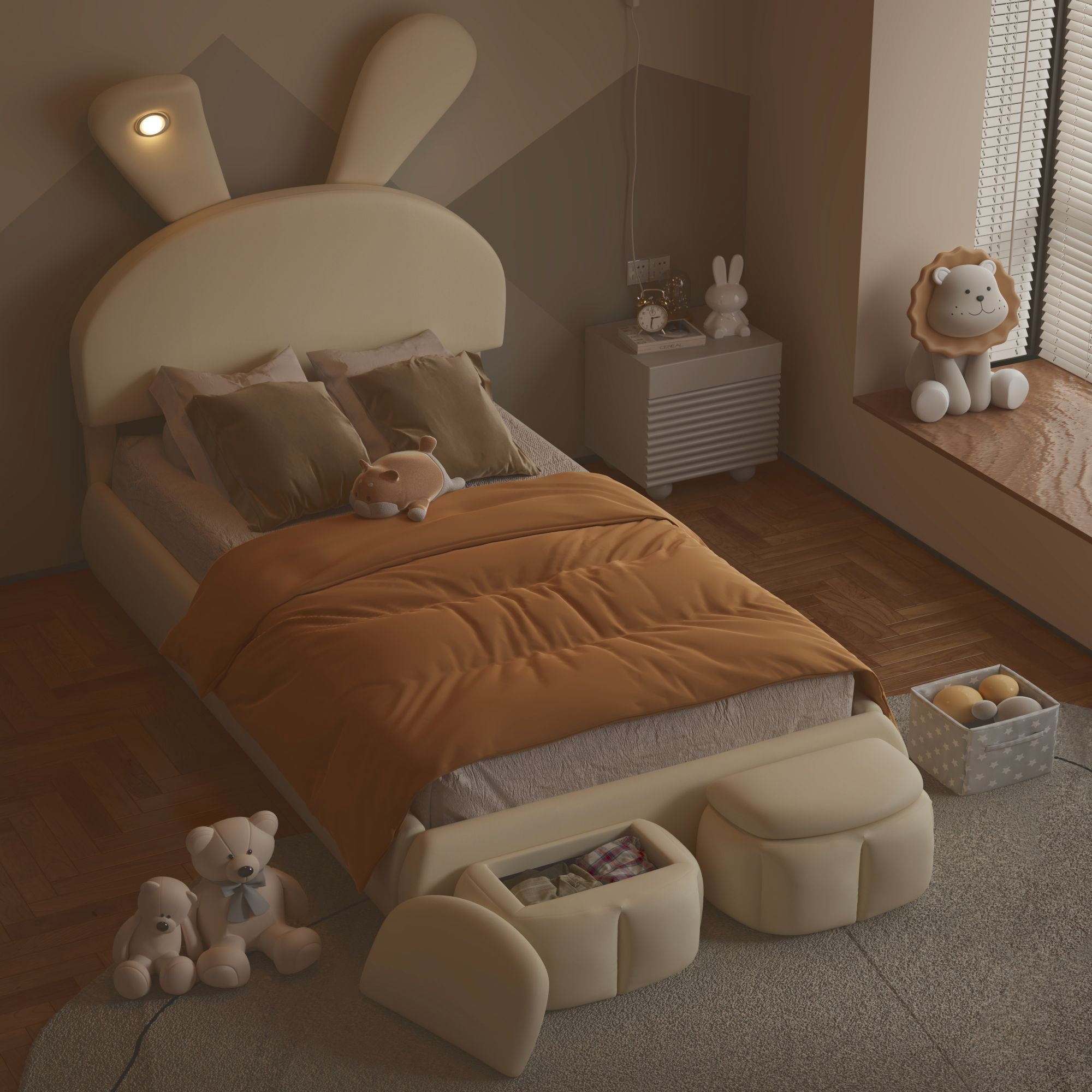 Aukfa Twin Upholstered Bed Frame with LED Light, Cartoon Bed with 2 Storage Stools for Kids, Beige