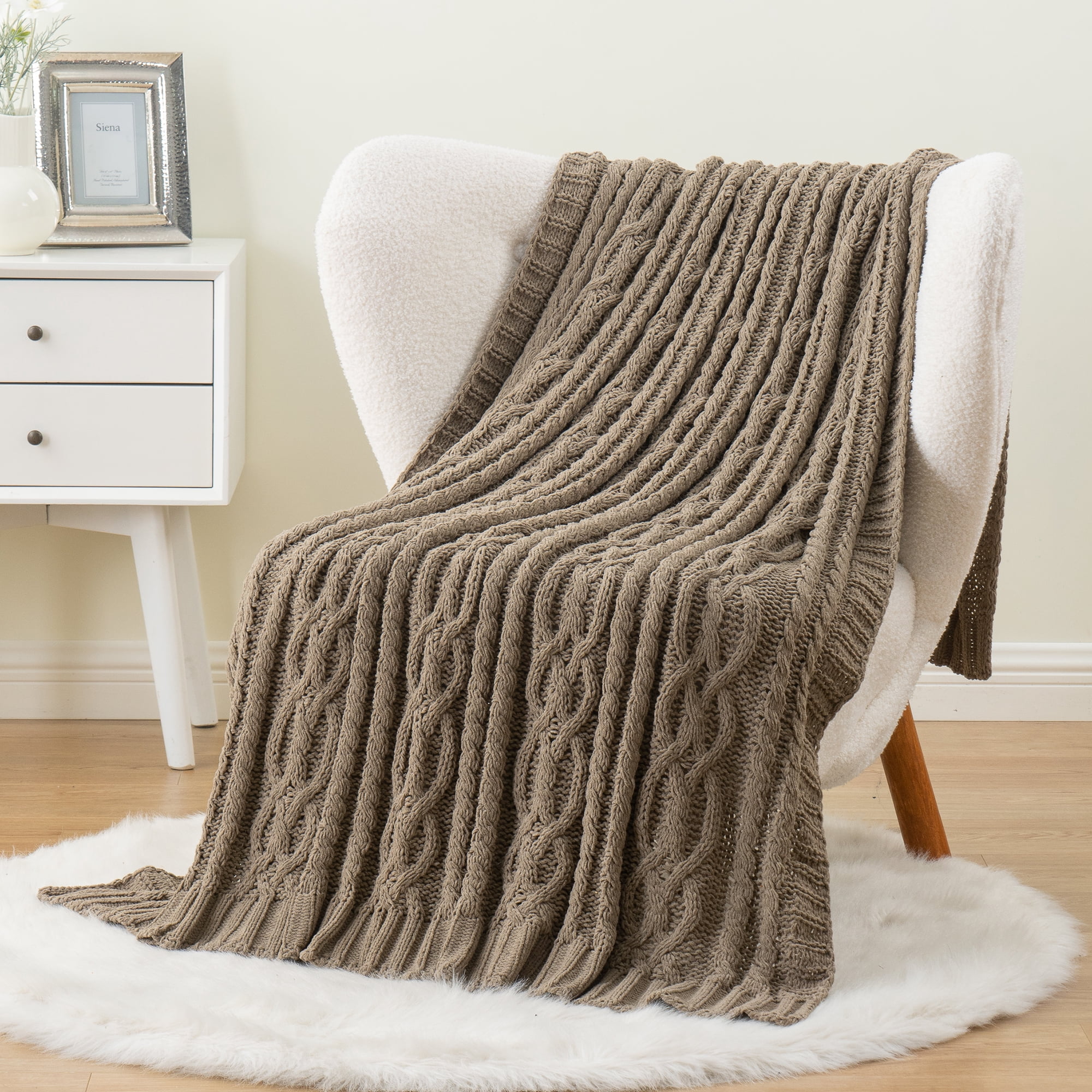 Battilo Camel Throw Blanket,Woven Chenille Cable Knit Blanket,Living Room Decor,51"x67"