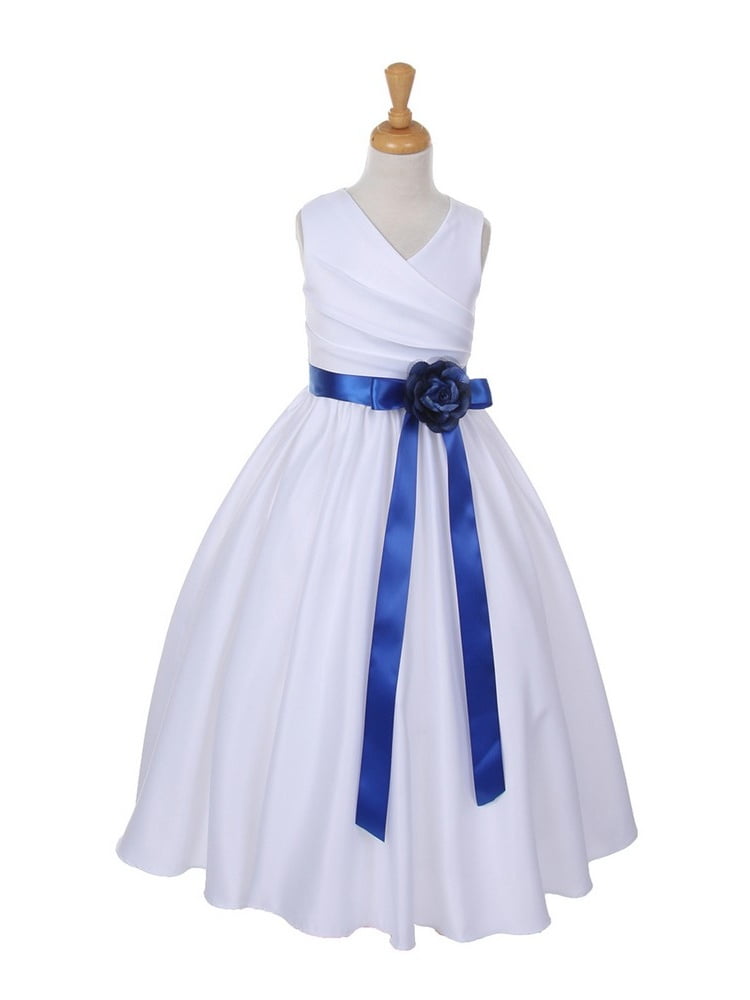 girls in white dresses with blue satin sashes