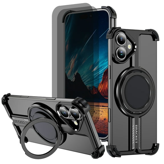 Hotpom for iPhone 16 Plus Frameless Metal Case 2 Pack Privacy Screen Protector, 360° Rotation Kickstand, Slim Shockproof Thin Bumper cover, Black
