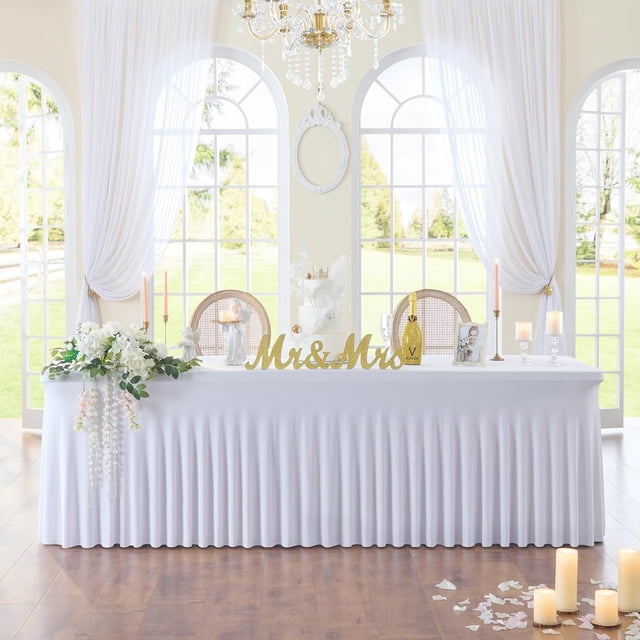 Qucyy 1 Pack White Rectangle Spandex Table Cloth for 8 Foot Rectangular Tables, Wrinkle Free High-Stretch Fitted 8ft Skirted Tablecloths, Decor Parties Weddings Birthday Banquet Spandex Table Cover
