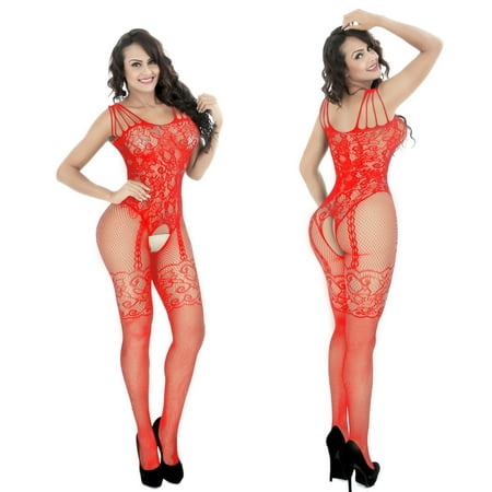 Alkepwun Womens Fishnet Bodysuit Lingerie Sexy Lace Stockings Lingerie Open Crothe Nightwear for Romantic Date Wearing