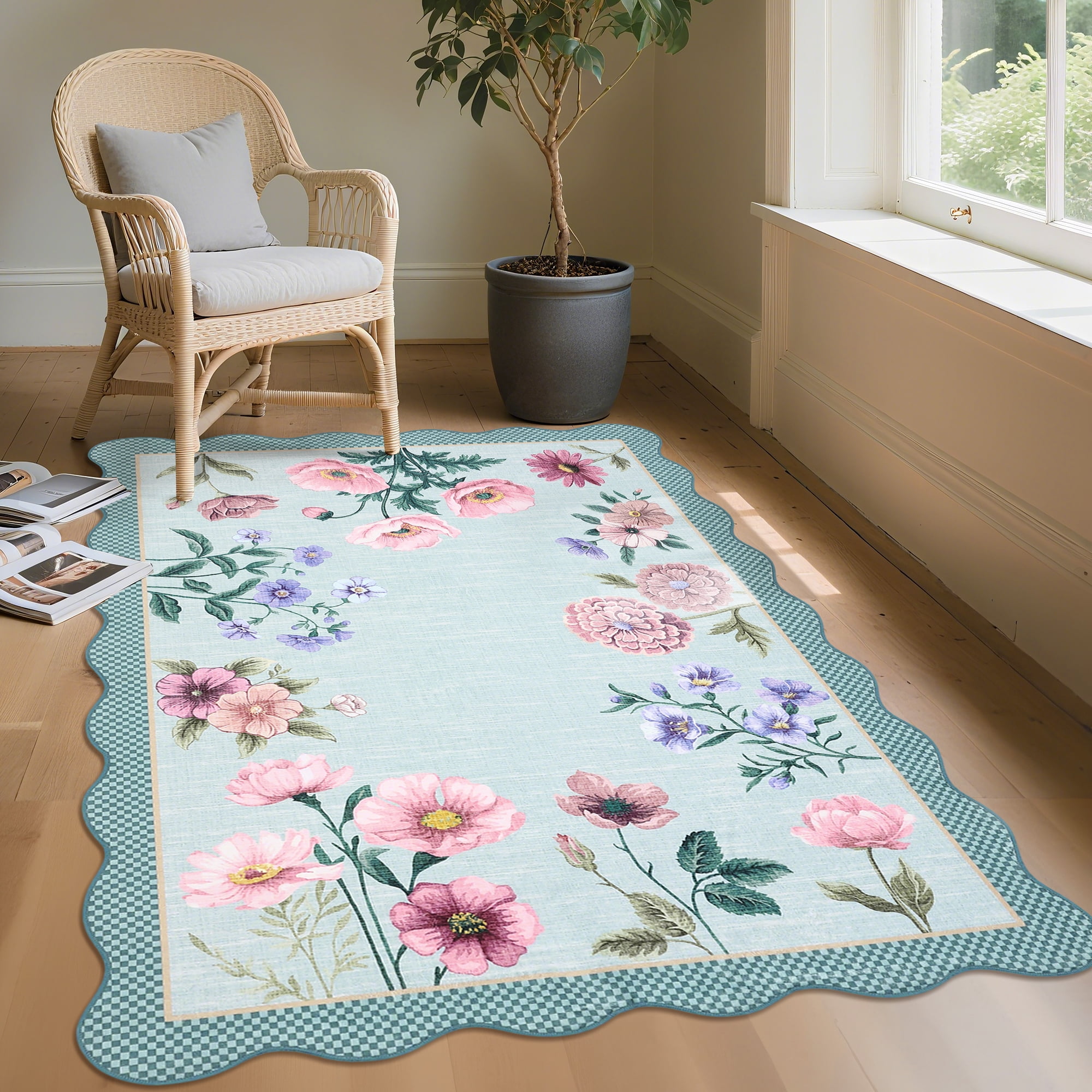 Hasoo Washable Living Room Area Rug 9x12 Large Modern Scalloped Floral Non-Slip Soft Foldable Indoor Light Blue Carpet