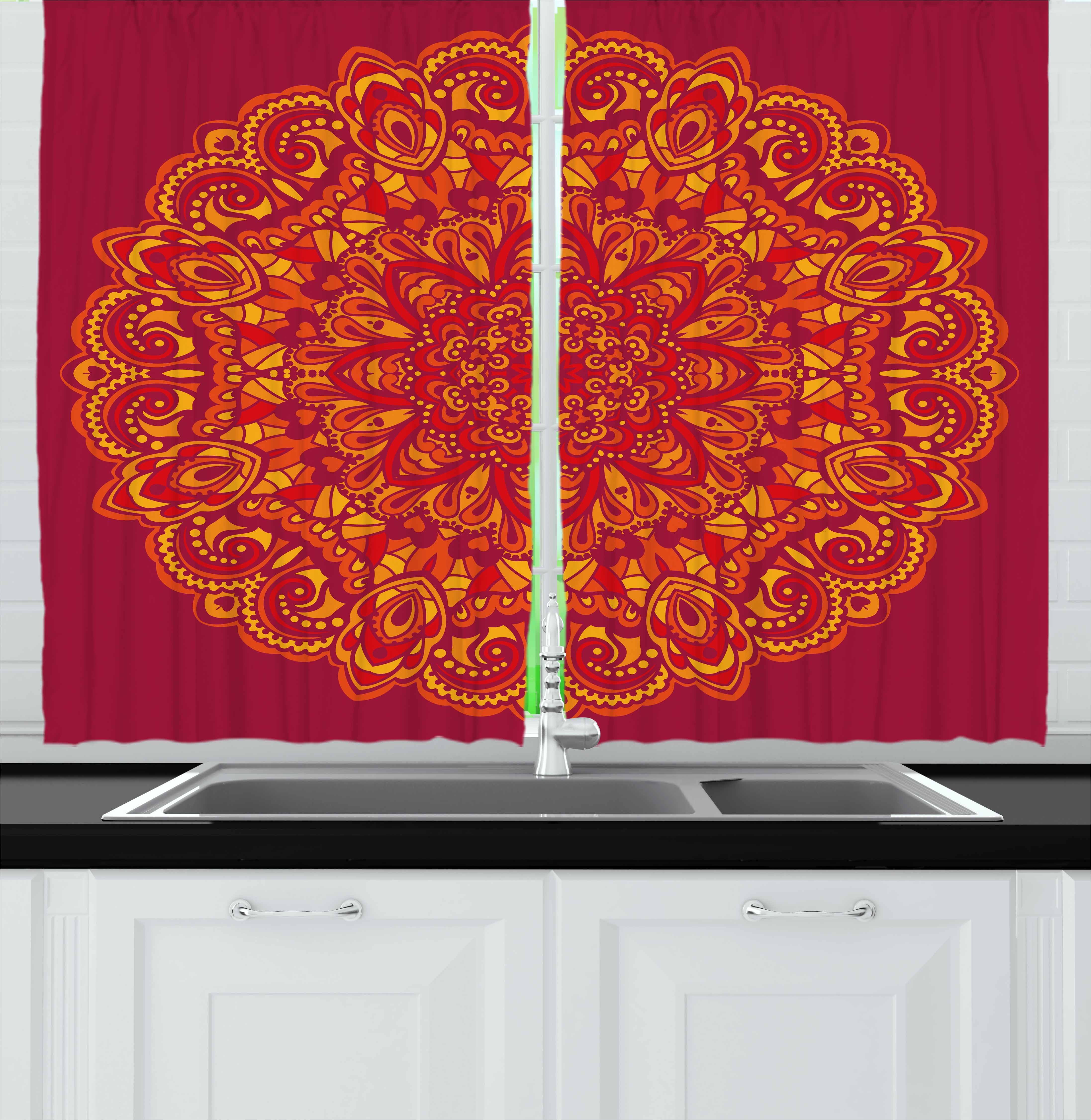 Red Mandala Curtains 2 Panels Set, Psychedelic Vibrant Colored Mandala