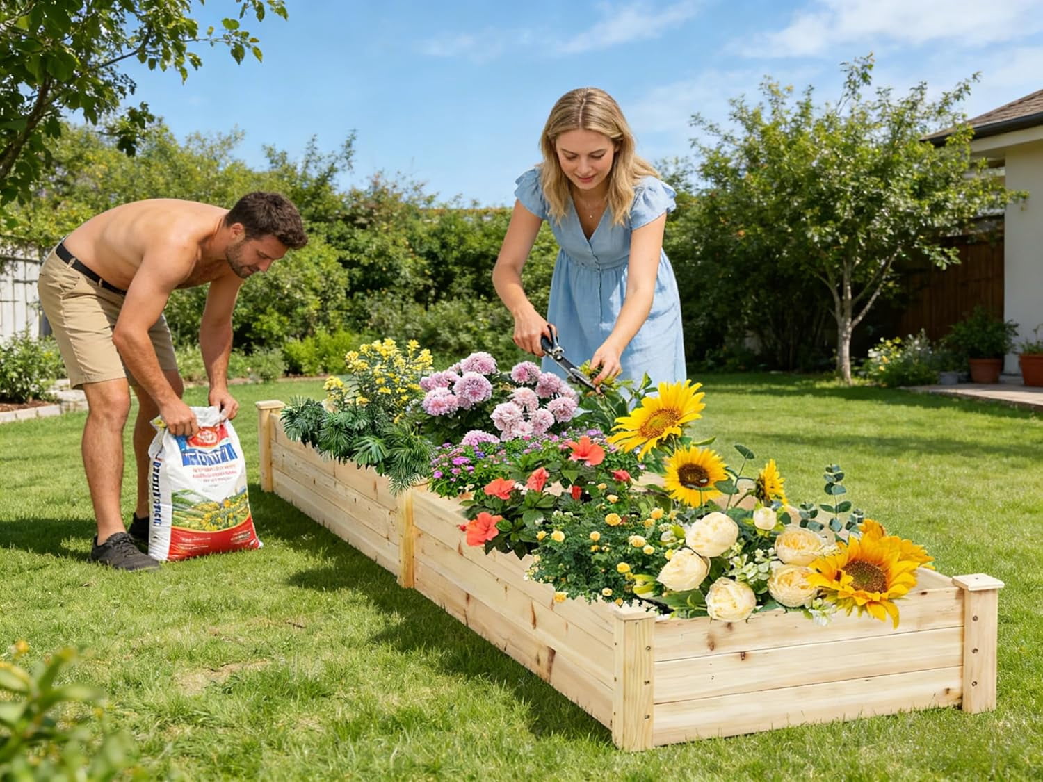 SOLAURA 96" x 24" x 10" Outdoor Wooden Raised Garden Bed Planter for Vegetables, Grass, Lawn, Yard - Natural