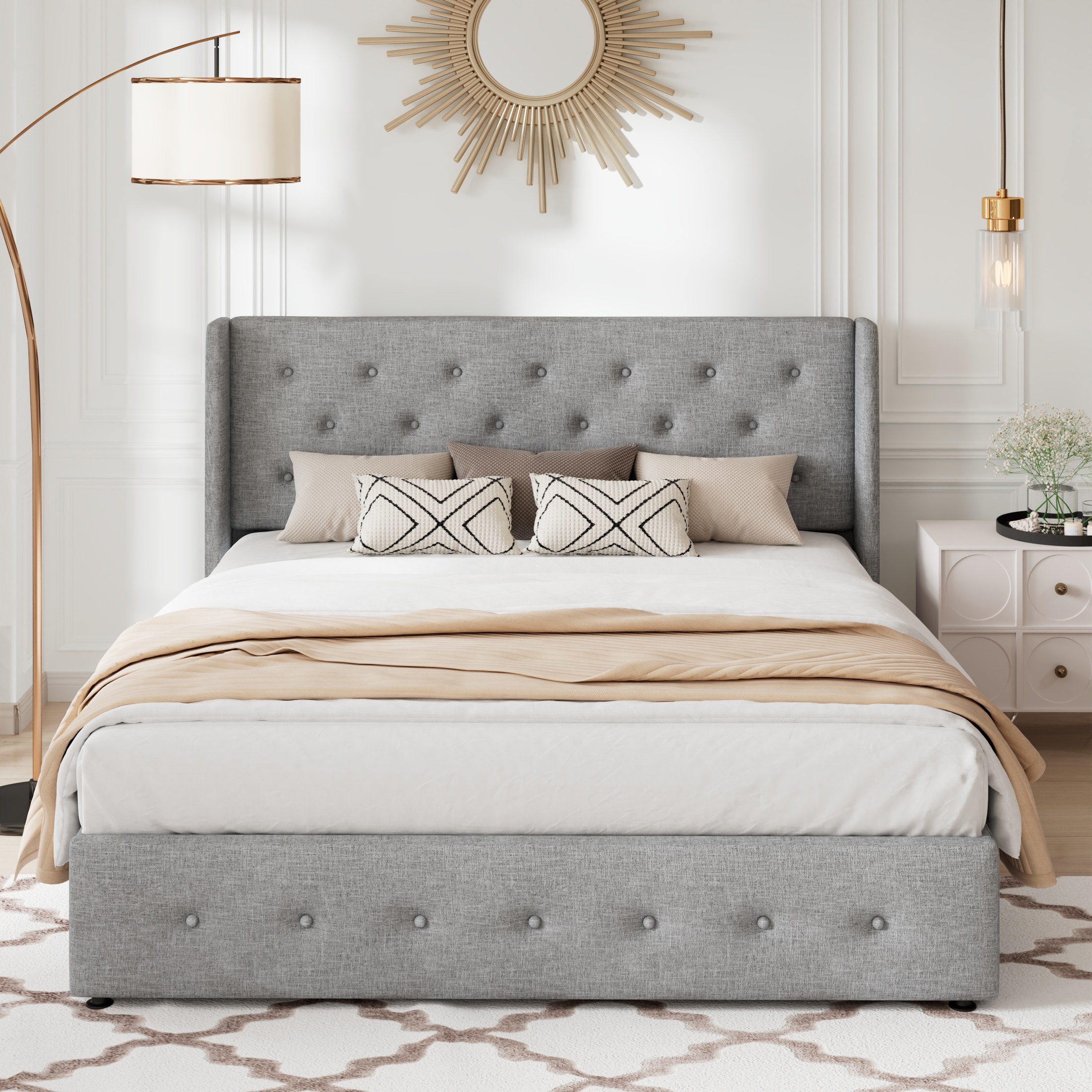 Allewie Queen Size Lift Up Platform Storage Bed Frame with Button Tufted Upholstered Wingback Headboard, Light Gray