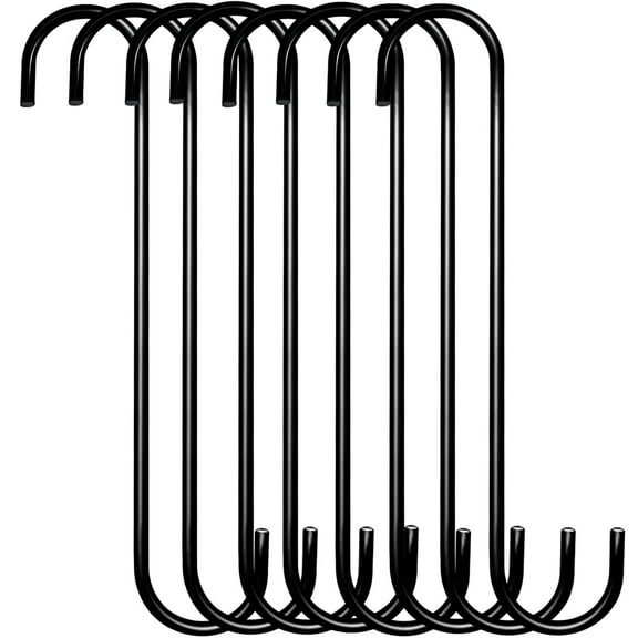 8 Pack Extra Large 10 inch S Hooks for Hanging,S Shaped Hook Heavy Duty,Black Long S Hooks for Hanging Plant,Basket,Tree Branch,Closet,Garden,Pergola,Indoor Outdoor Uses