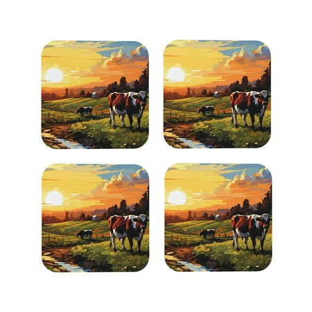 

Tideii Oil Painting Style Pasture Cow for Leather Coasters 4 Pieces Anti-fouling and Anti-scalding Decorative Coasters Suitable for Restaurants Kitchens Coffee Shops-Square