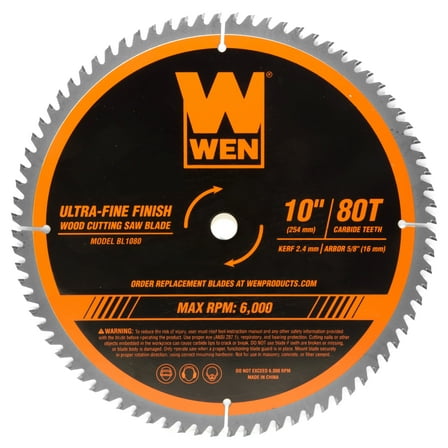 WEN Products 10-Inch 80-Tooth Carbide-Tipped Ultra-Fine Finish Professional Woodworking Saw Blade for Miter Saws and Table Saws