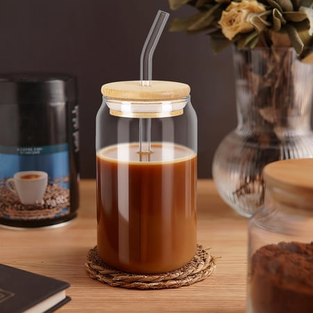 PTOOTP 2Pcs Glass Cups with Bamboo Lid Heat Resistant Cold Beverage Drinking Glasses