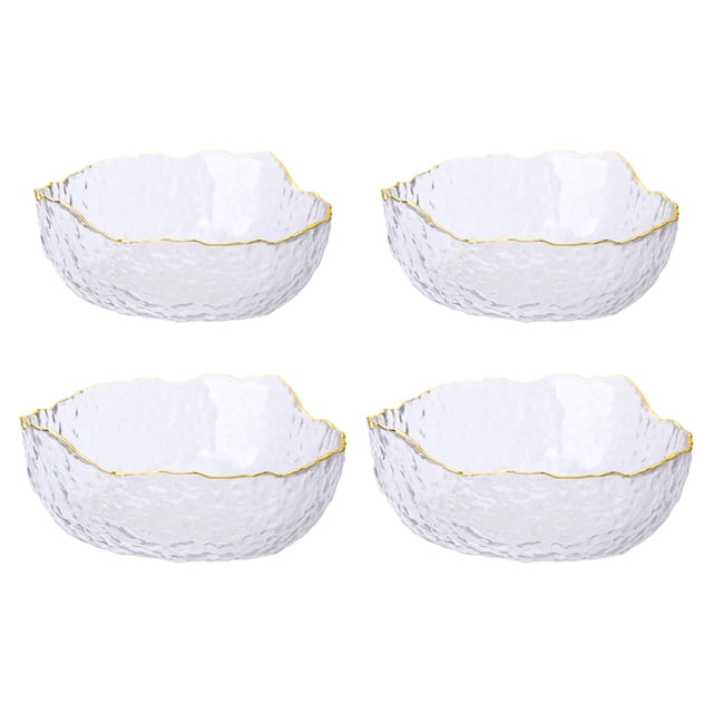 4 uds. ensaladera de cristal, fruta, arroz, sopa, fideos, cuenco para servir, vajilla de cocina conjunto de cuatro cuencos de vidrio transparente con borde irregular en dorado y superficie texturizada; 2 medianos (16x11x6 cm) y 2 grandes (19x14x7.5 cm), vista frontal sobre fondo blanco, apilables y aptos para uso alimentario, ideales para servir ensaladas, sopa, fideos o arroz.