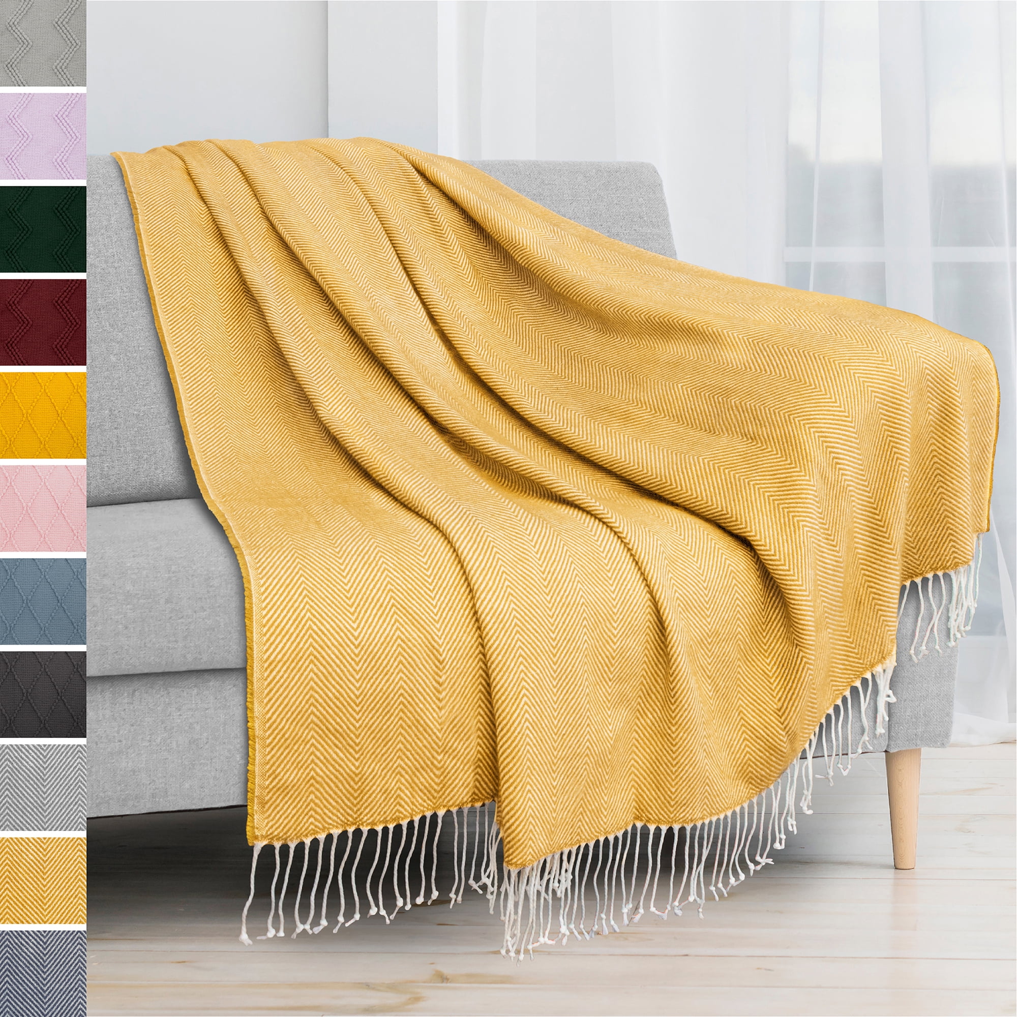 PAVILIA Herringbone Blanket Throw With Fringe Faux Cashmere Knitted Throw With Tassels For Couch Bed Decorative Farmhouse Soft Lightweight Plush Cozy Mustard Yellow