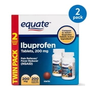(2 pack) (2 Pack) Equate Pain Relief Ibuprofen Coated Tablets, 200 mg, 100 Ct, 2 Pk