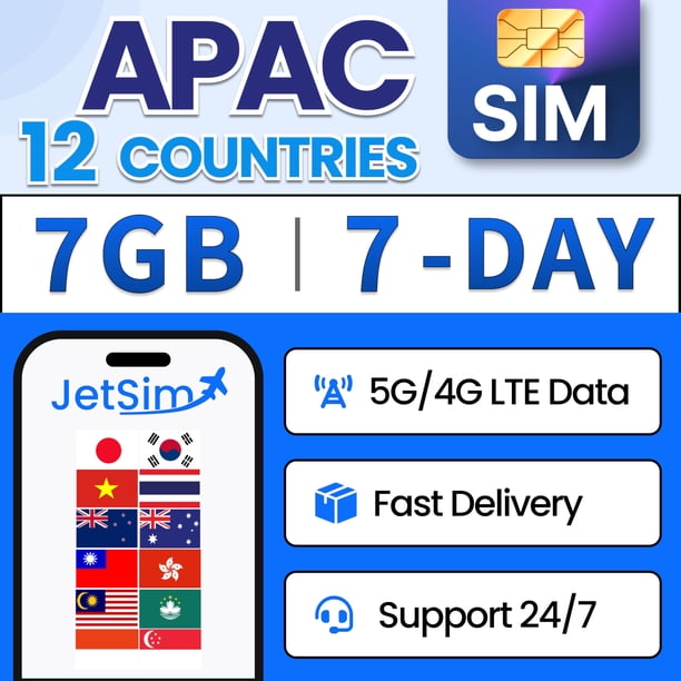 Tarjeta SIM JETSIM 7 GB de datos por 7 días en 12 países de Asia-Pacífico