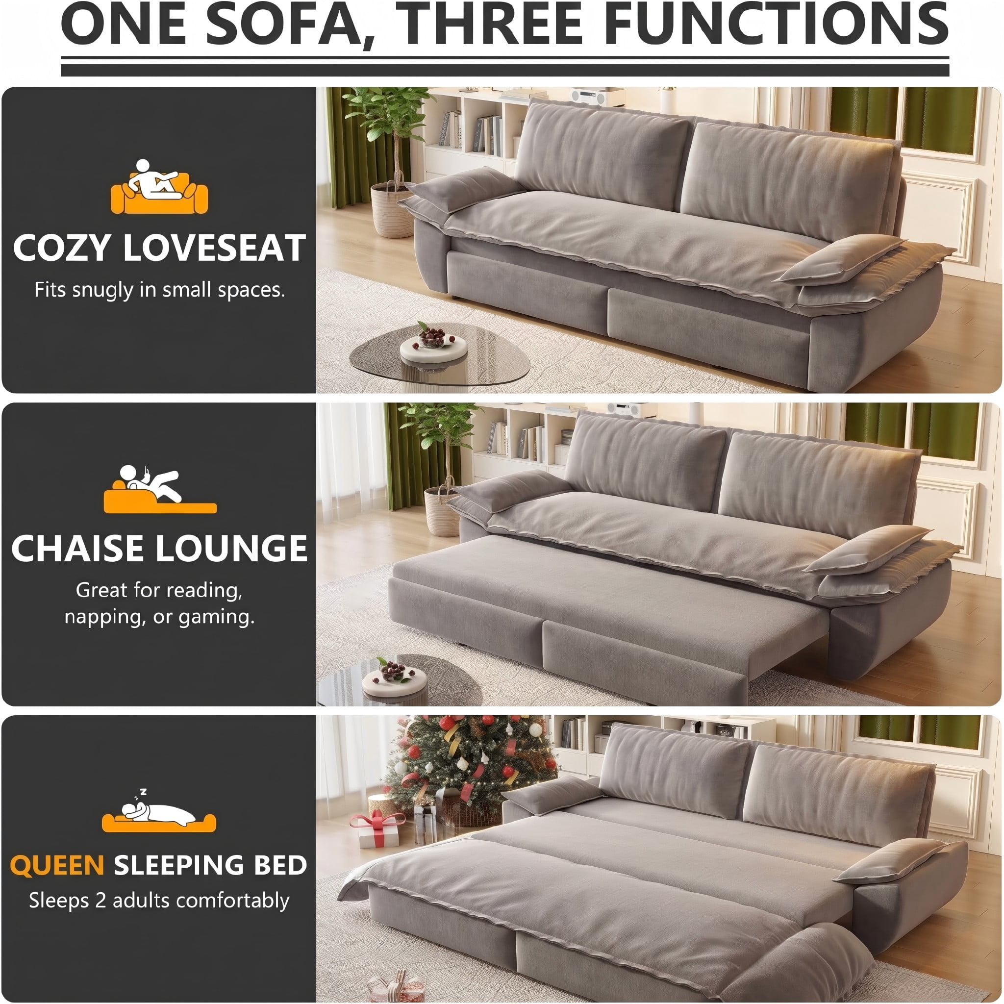 Multi-Functional Velvet 3-in-1 Convertible Sofa Bed, Queen Size Sleeper Loveseat with 2 Pillows, Light Gray