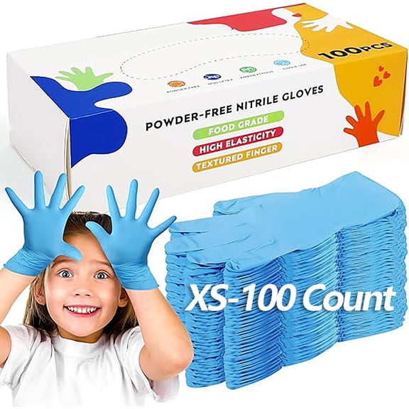 Greenpod Kids Disposable Gloves for 3-8 Years, 5Mil Blue Nitrile Gloves with Latex-Free and Powder-Free, Durable and Protective for Work, Cleaning, Cooking, Gardening (XS,100PCS)