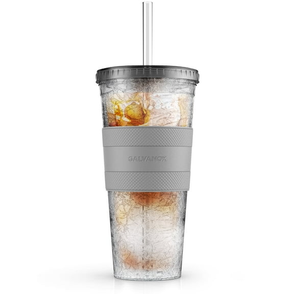 Galvanox Iced Coffee Cup with Lid and Straw, 20oz Reusable Insulated Freezer Tumbler with Sleeve (Black)