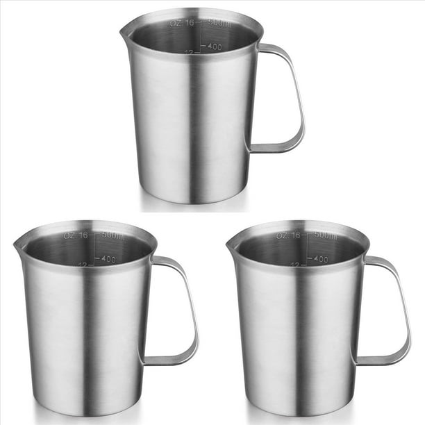 3X Medidora de Acero Inoxidable con Asa y Borde para Verter, Jarra de Metal con Marcas Oz y ML, 16OZ/500ML, Jarra