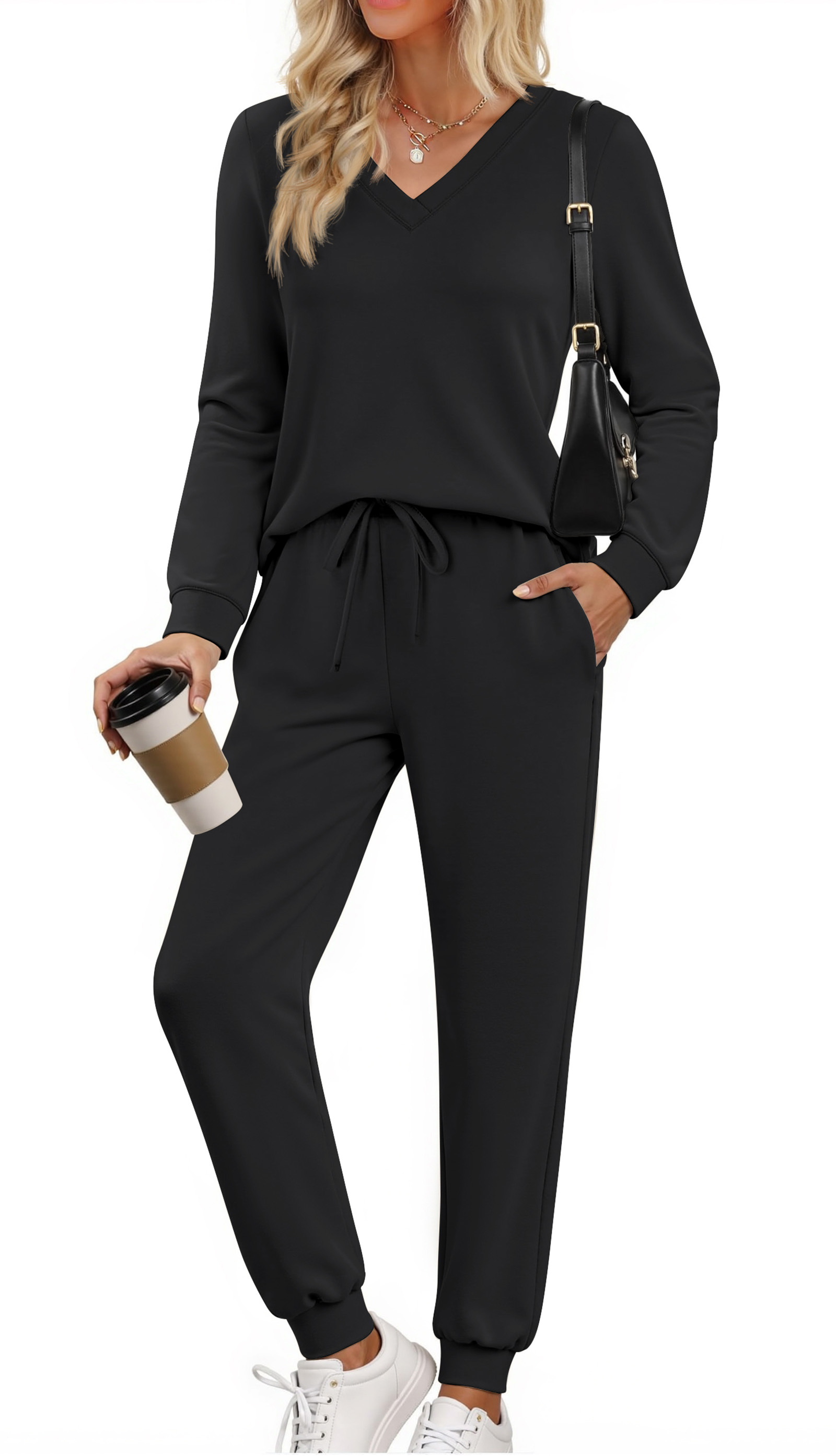 Fantaslook Two Piece Sets for Women Fall Outfits Fashion Lounge Sets V Neck Tops and Jogger Pants Tracksuit Vacation Travel Outfits