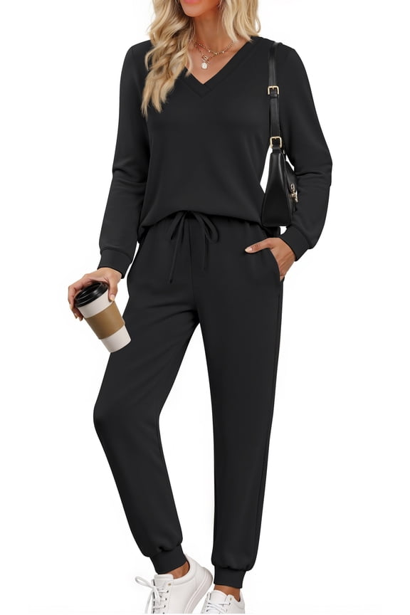 Two Piece Sets for Women Fall Outfits Fashion Lounge Sets V Neck Tops and Jogger Pants Tracksuit Vacation Travel Outfits